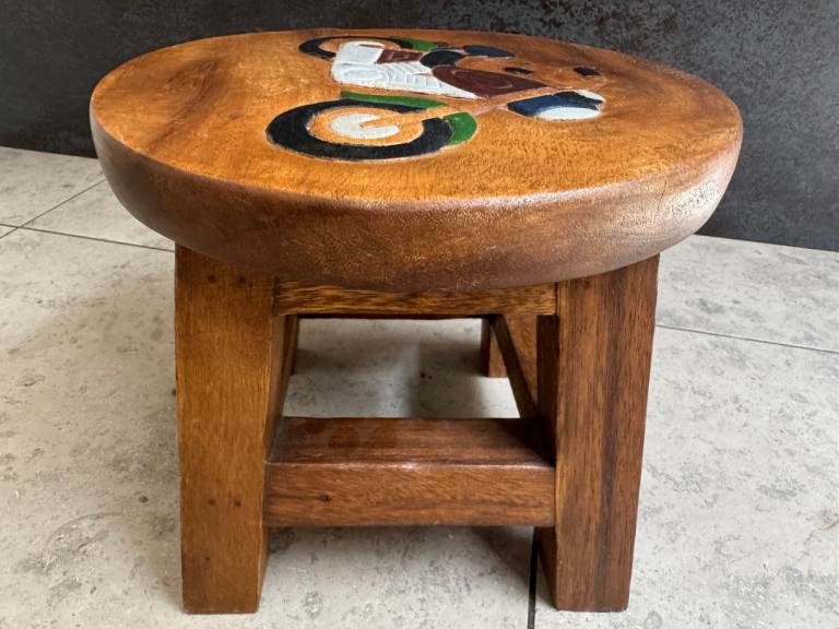 Wooden 4 Legged Footstool with Carved Painted Motorbike Motif
