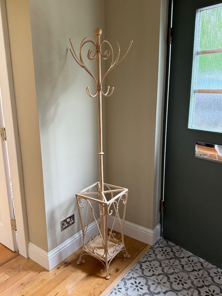Vintage Cream Metal Coat Stand and  Umbrella Holder Hall Tree Shabby Chic 175cm