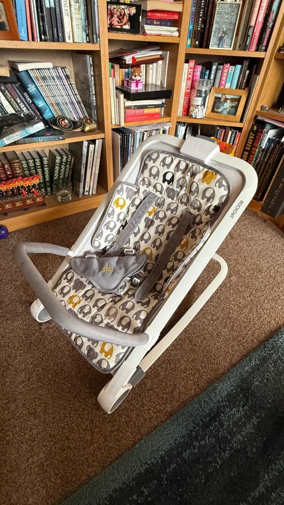 Rockout Baby Rocker - Grey Elephant Pattern, As Good As New