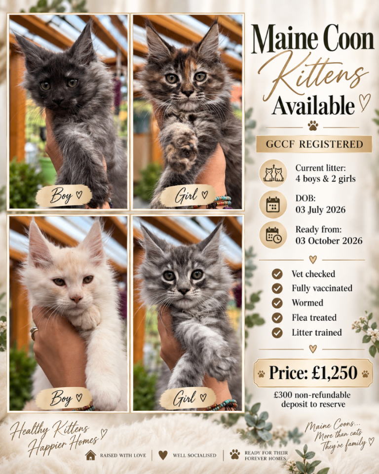 GCCF Fully Registered Maine Coon Kittens – Ready October 🐾