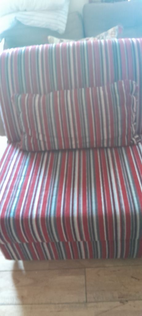 Striped Fabric Sofa Bed – Red/White/Black, Good Condition