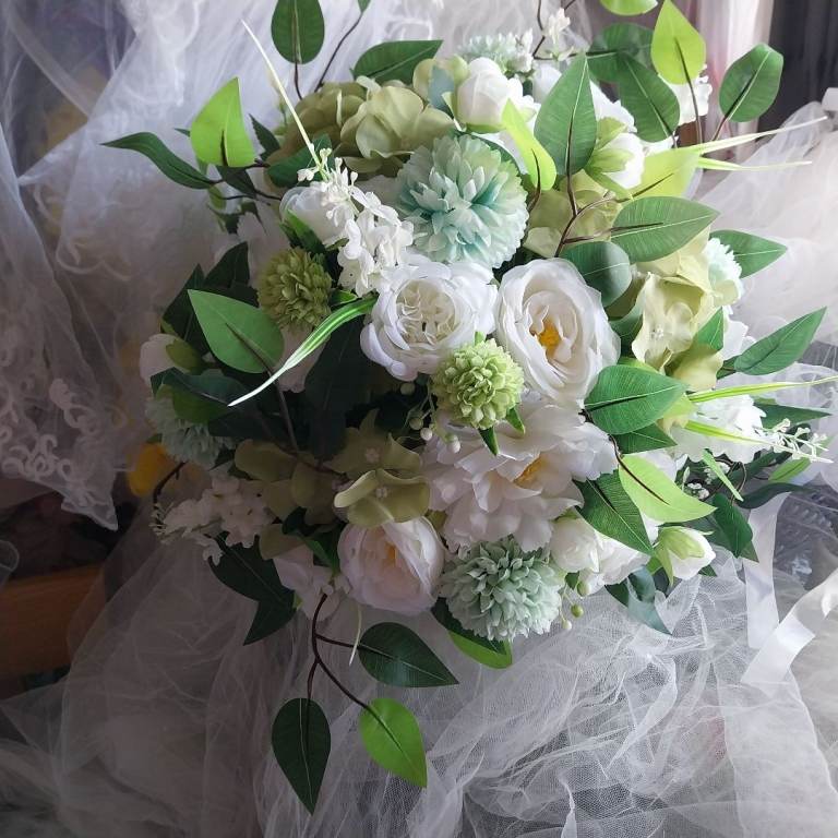 Beautiful White & Green Artificial Bridal Bouquet