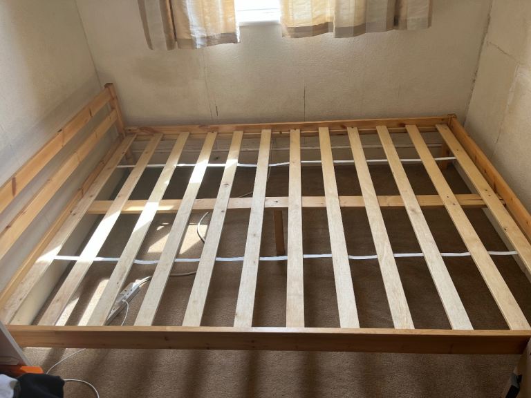 Wooden Double Bed Frame with Slats – Good Condition
