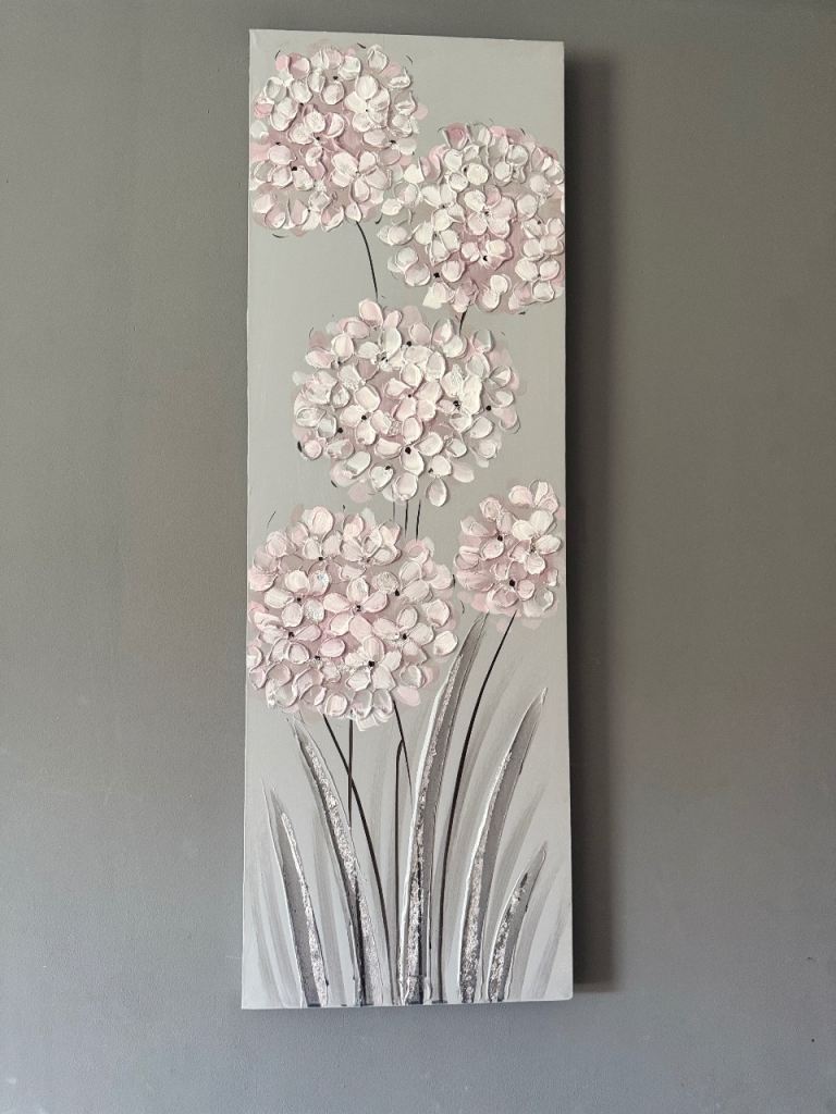 Large Textured Floral Painting - Grey with Pink Flowers