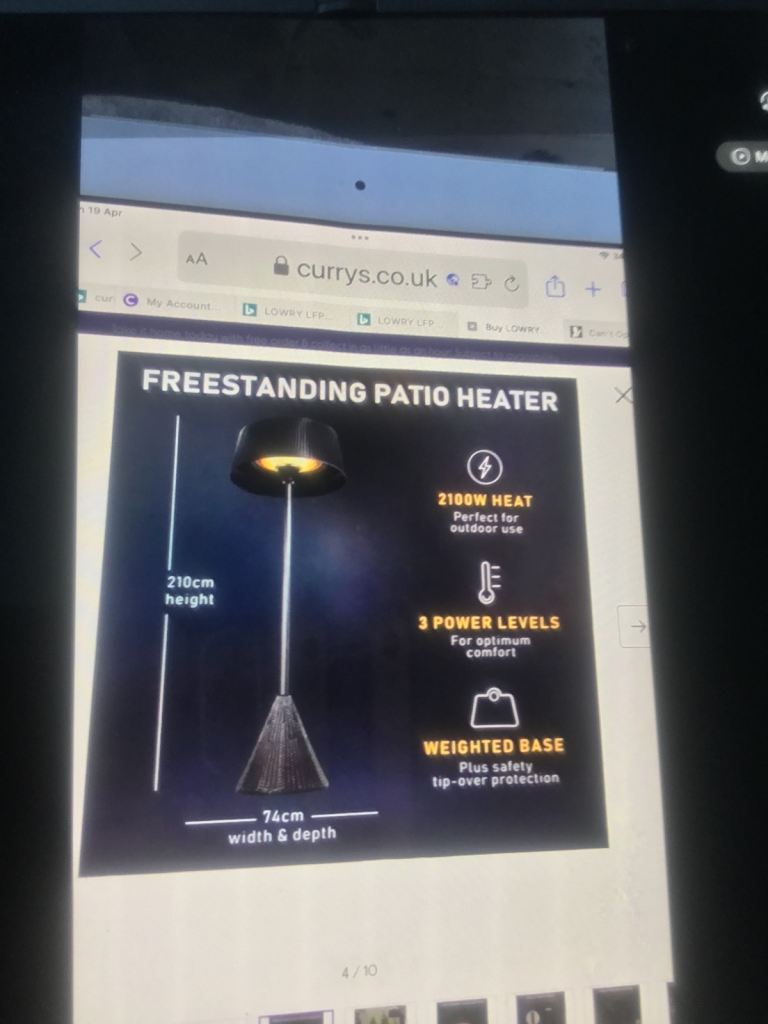  27P a hour to run LOWRY LFPTH5 Patio Heater - Black 2  like new with out door covers £105 each 