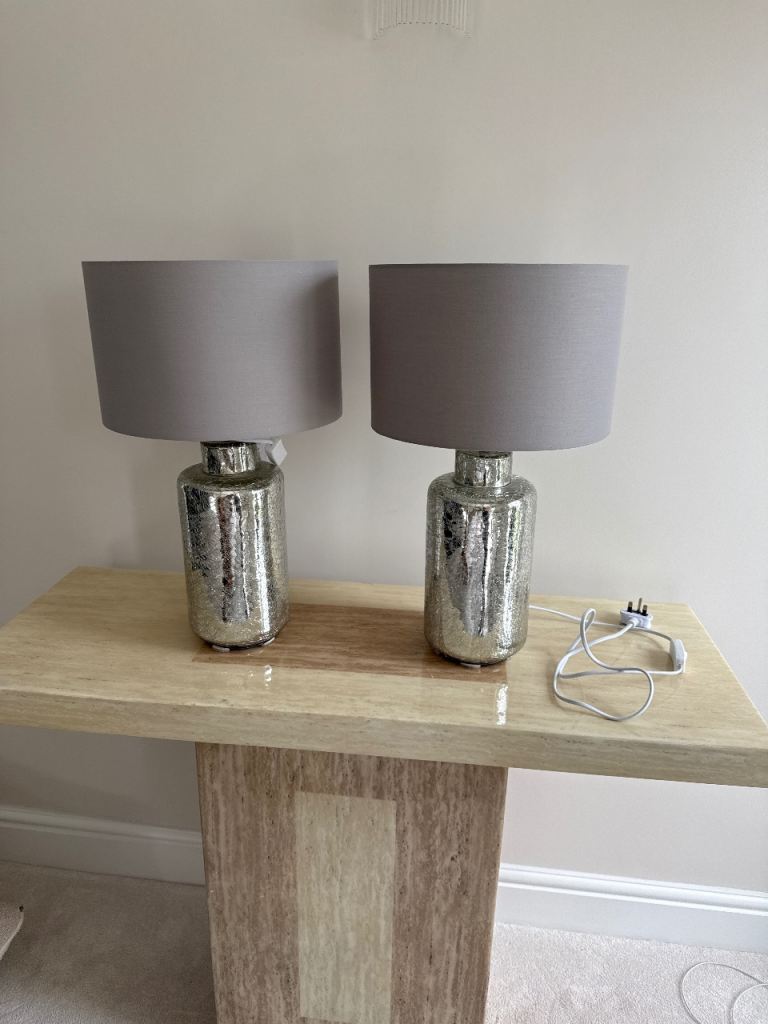 Pair of Grey and Silver Glass Table Lamps – Good Condition