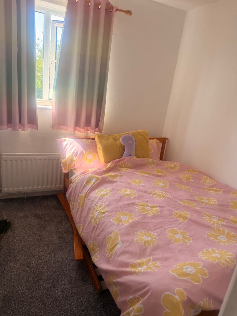 double Wooden Bed Frame with Mattress – Good Condition