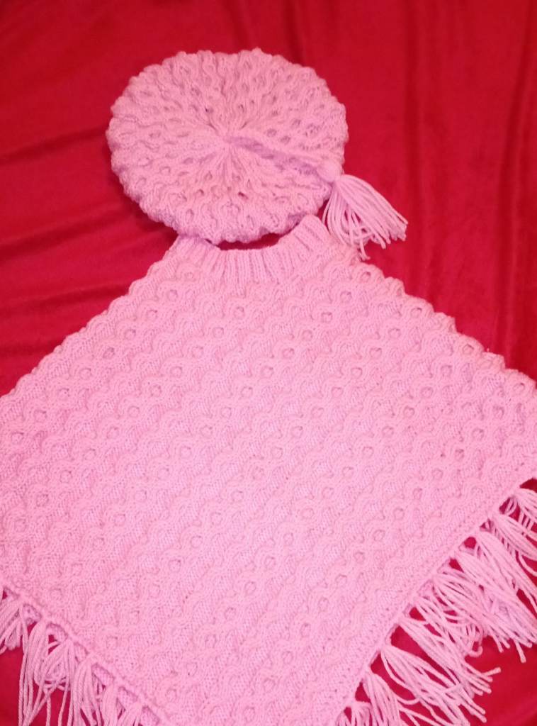 Hand knitted poncho and hat