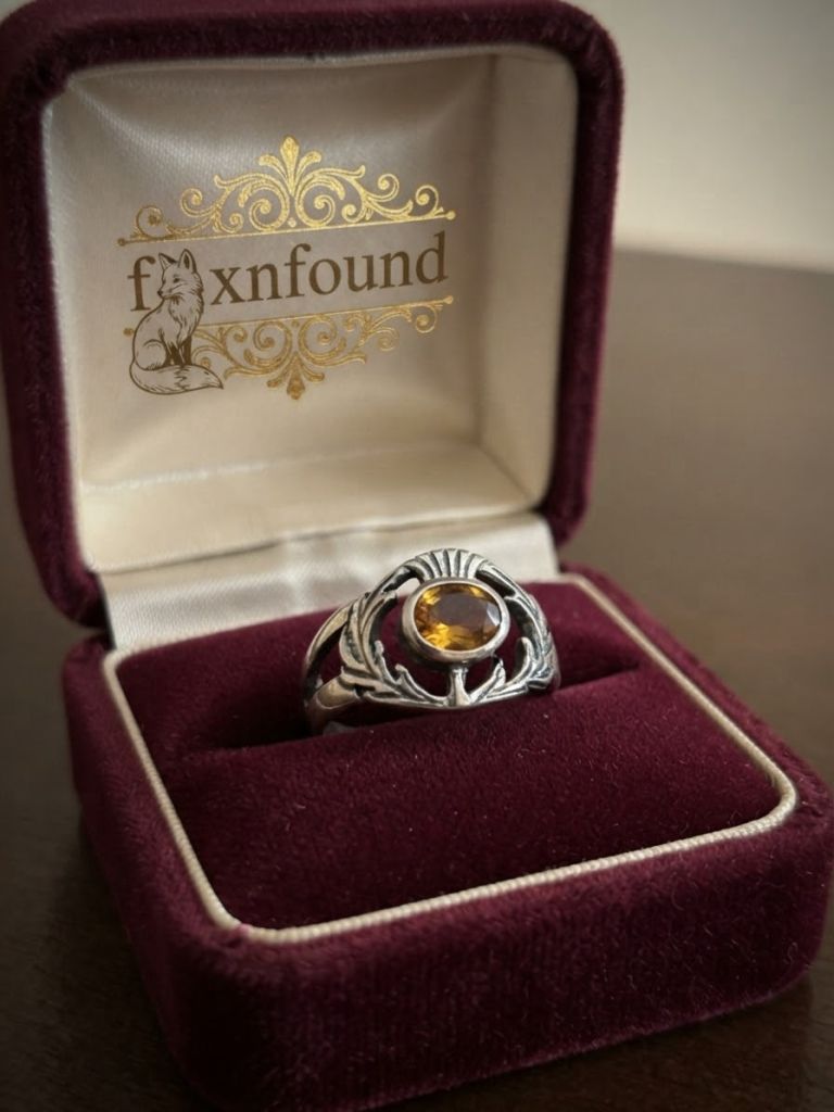 Sterling Silver 925 Scottish Thistle Ring Yellow citrine Stone Size L 2.06g