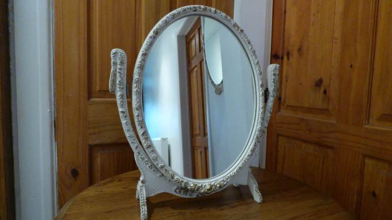 Vintage shabby chic French Louis Cream/Gold Tilting Freestanding Dressing Table Mirror