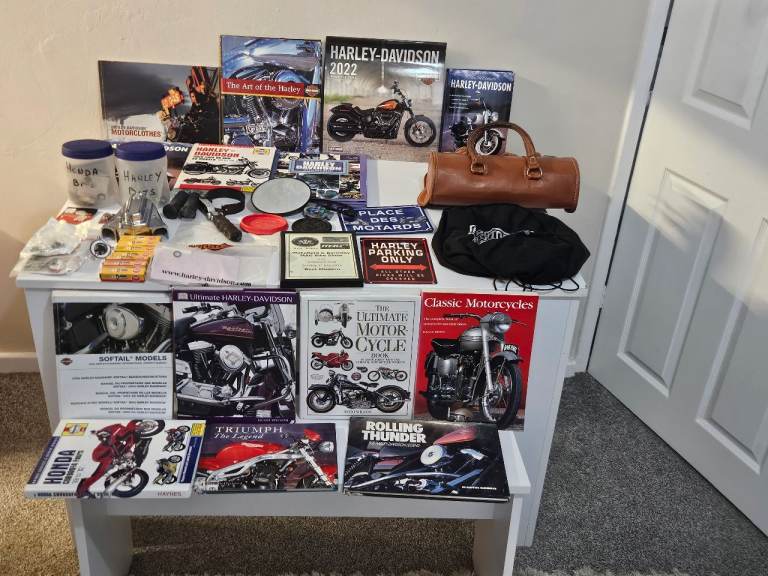 Harley Davidson attic find , vintage , retro, bargain, books, parts,bag,helmet bag,