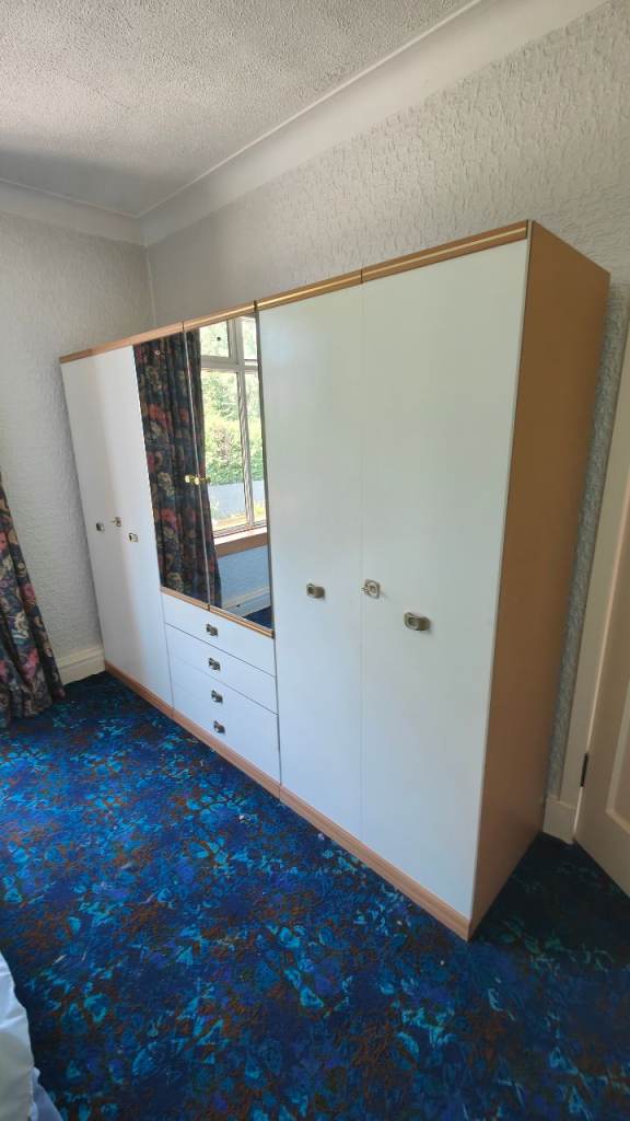 1970s White Wardrobe with Mirrored Doors and Drawers