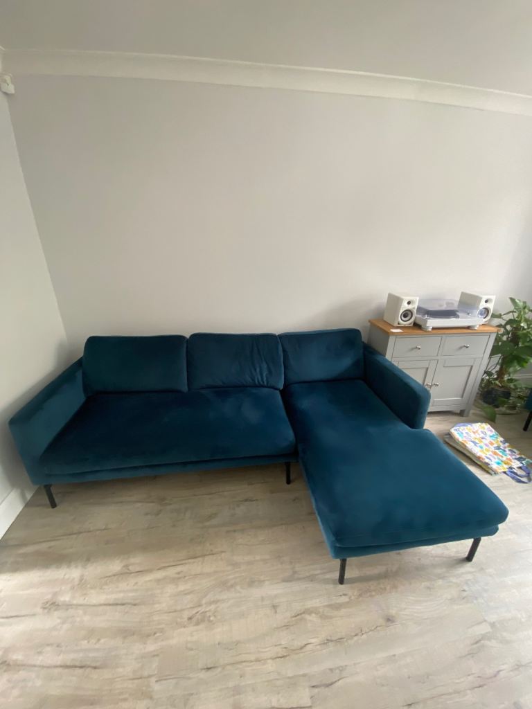 Teal Velvet Corner Sofa suite with Chaise Lounge and two seater sofa 