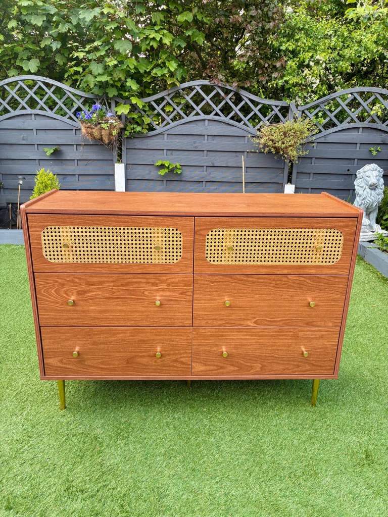 WALNUT-FINISHED RATTAN 6-DRAWER SIDEBOARD CABINET chest of drawers