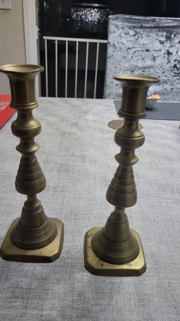 Pair of Antique Georgian Brass Tall Candlesticks Candle Holders -Made In England