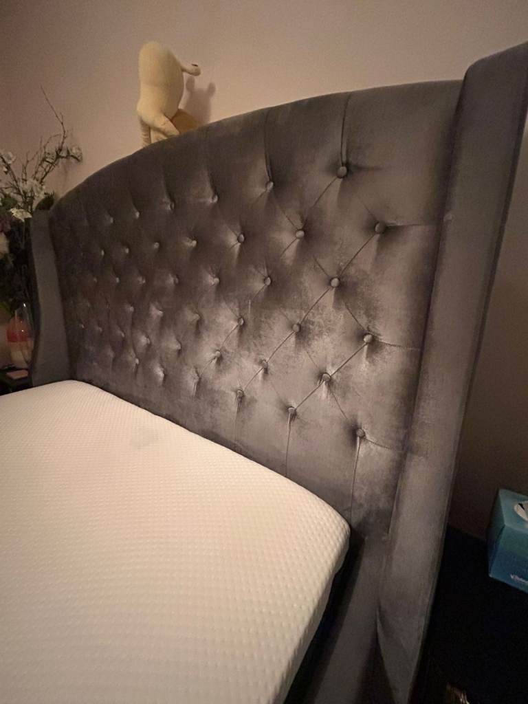 image for Grey Velvet King Size Bed Frame