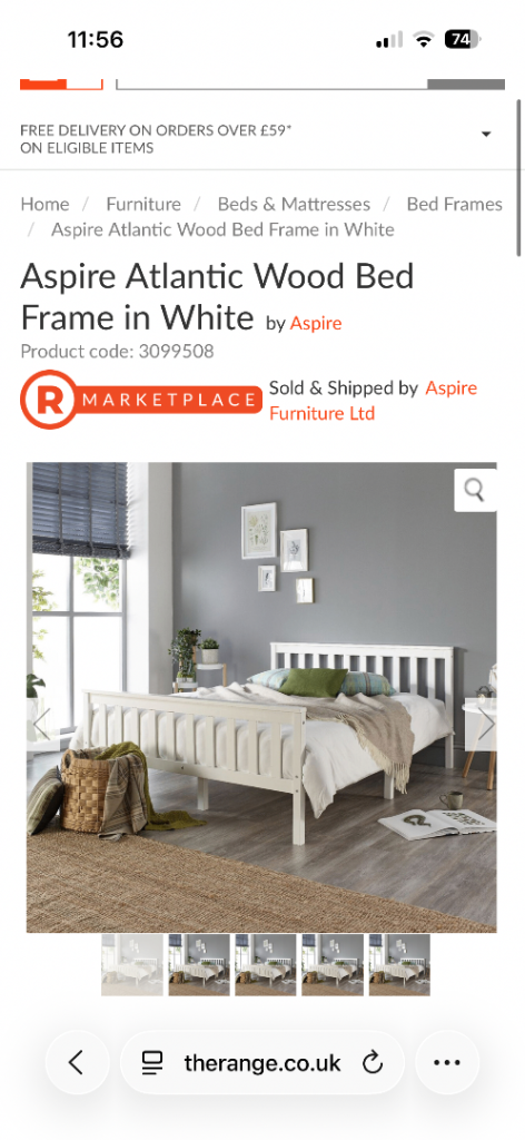 White wooden double bed frame with mattress