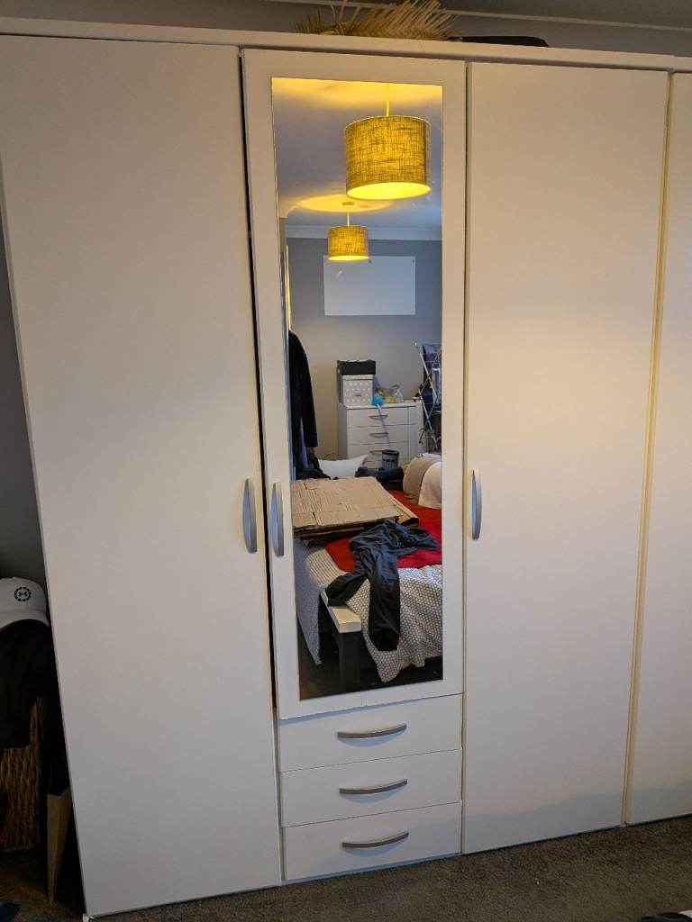 White Bedroom Furniture Set - Wardrobe, Chest of Drawers, Bedside Table