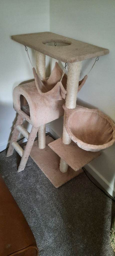 Cream Cat tree with bowl and hammock
