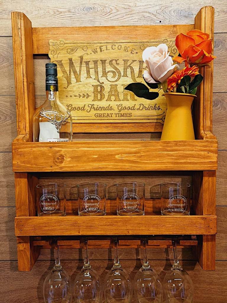 Handmade reclaimed wooden floating bottle shelf ,home bar - pub shelf with glass Handmade