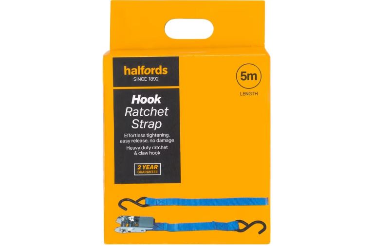 Halfords Ratchet Tie Down Strap 5m Blue Steel Hook Ends 500kg WLL
