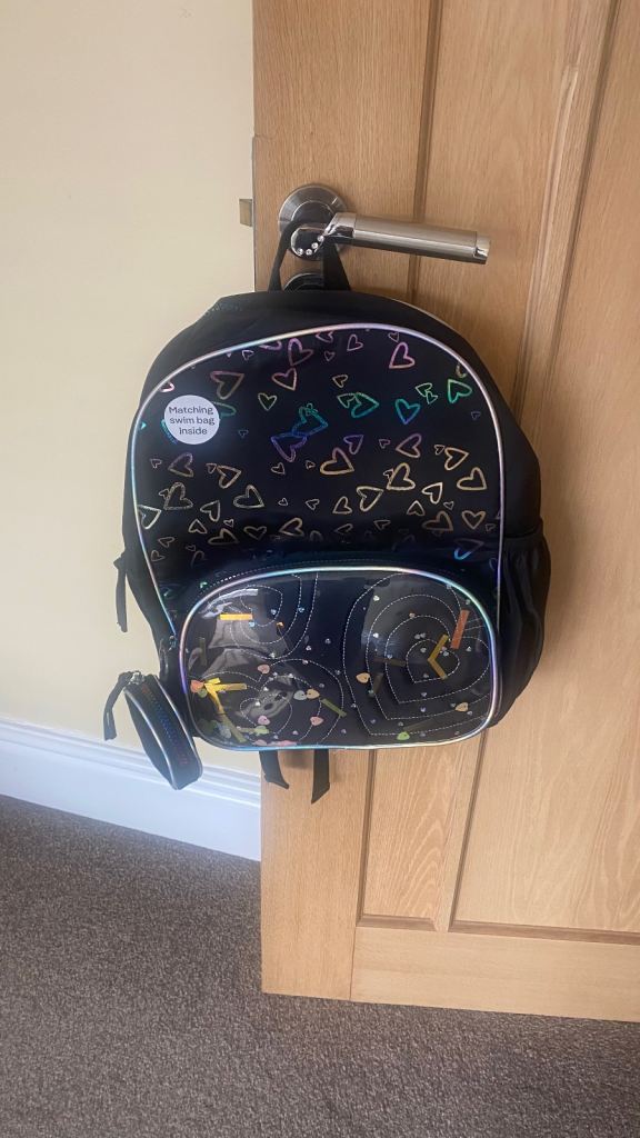 Black Ombre Heart Confetti Backpack, Swim bag, Detachable Coin Purse Set,  New RRP £18