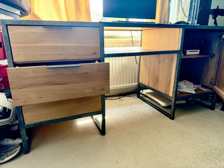 Oak Furnitureland Brooklyn oak desk with drawers and cupboard