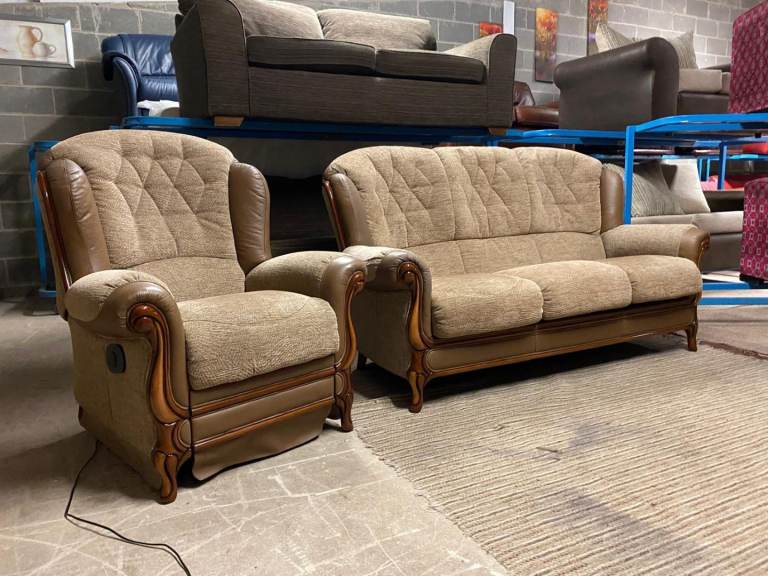 Brown Fabric MINI DIVANI 3 Seater Sofa and ELECTRIC RECLINER Chair 