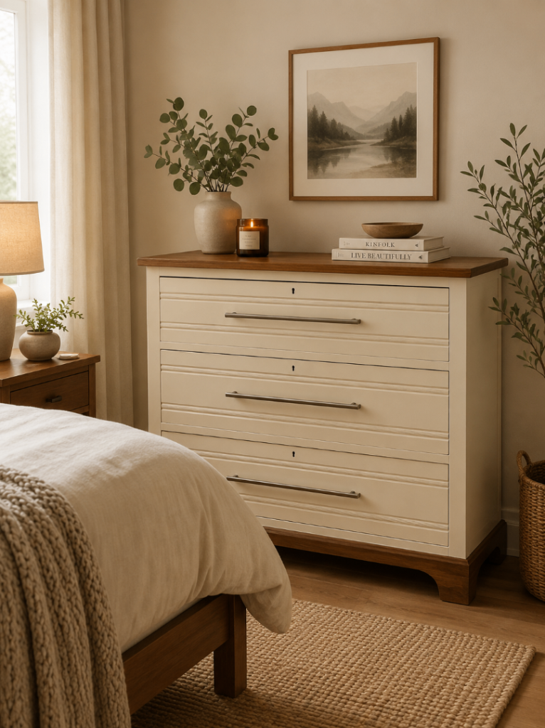 Lovely Upcycled Cream Chest of Drawers with Wooden Top