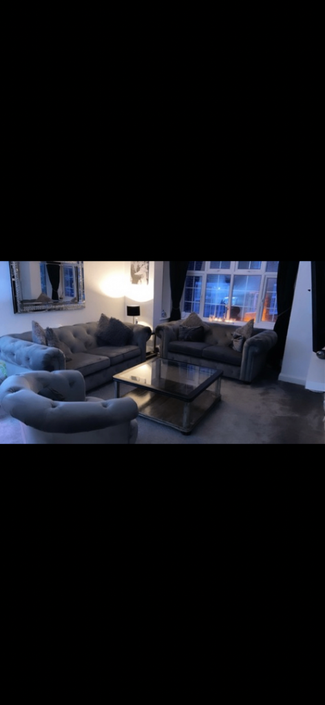 Grey Velvet Chesterfield Sofa Set – 3-Seater, 2-Seater & Armchair