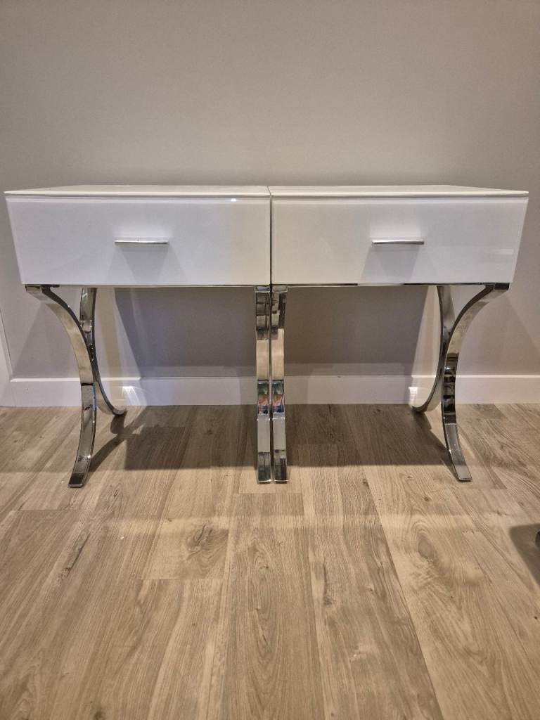 2 x white glass and chrome bedside tables