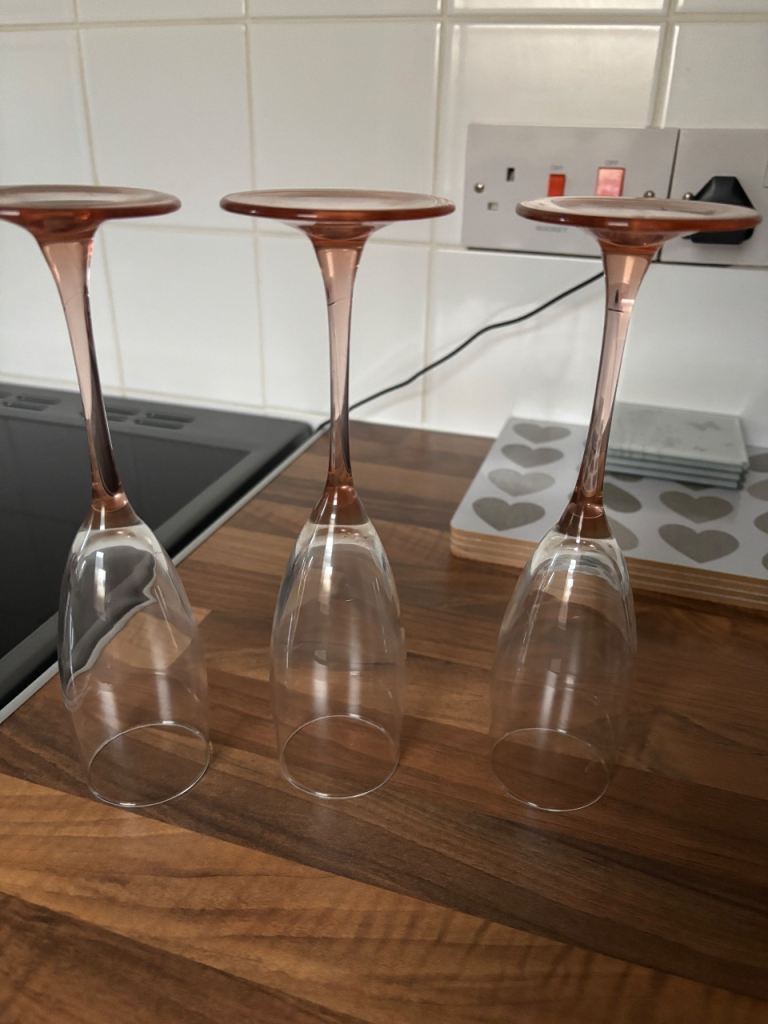 Set of 3 Pink Stem Champagne Flutes – Good Condition