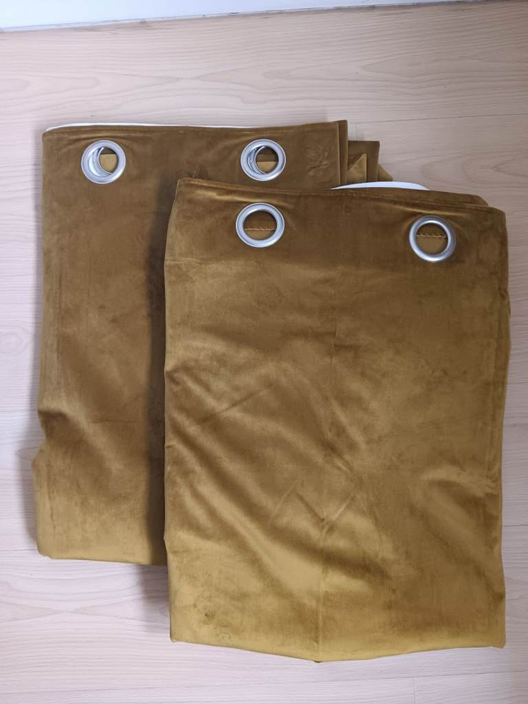 John Lewis Velvet Polyester Lined Blackout Eyelet Mustard Curtains Pair - 167 cm Width 228 cm Drop