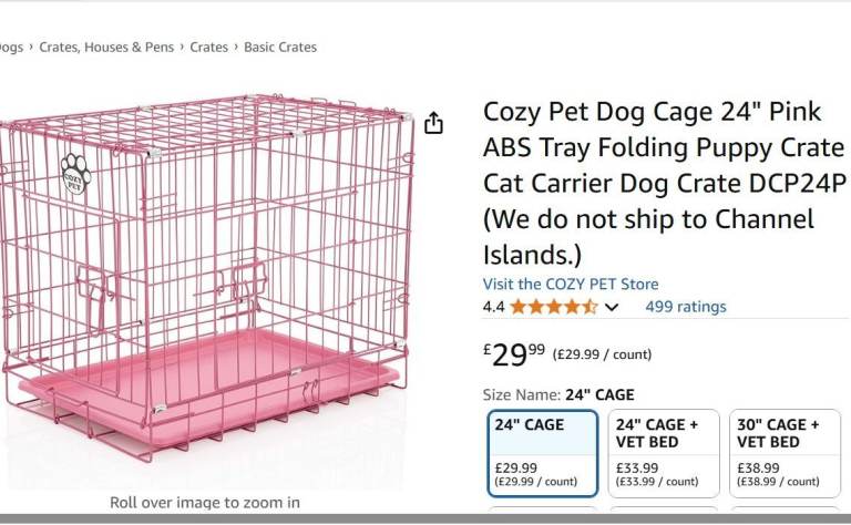 Cozy pet 24 inch dog/pet crate. Pink colour.