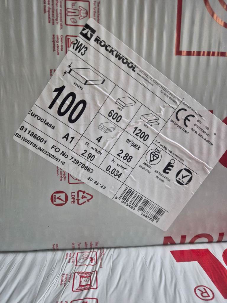 3 Packs of Rockwool RW3 Insulation 100mm