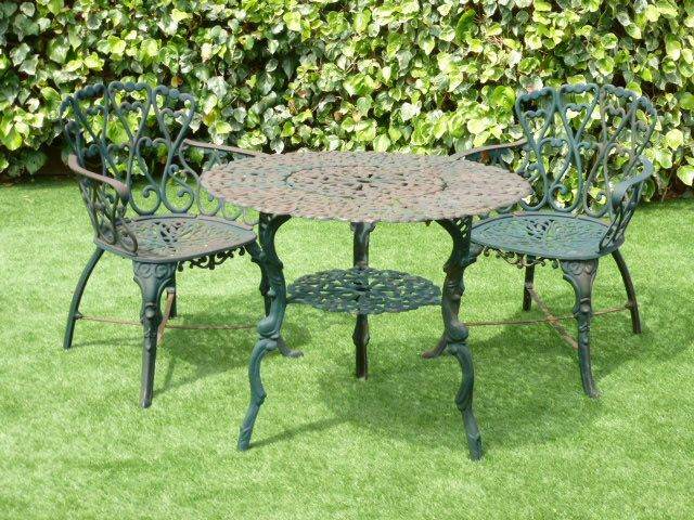 Vintage Cast Iron Garden Table and Two Armchairs Chairs – Green
