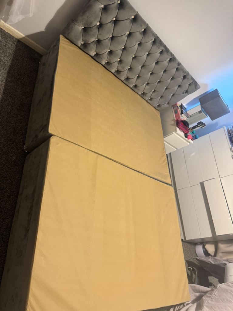 Double Bed Base and Headboard – Grey Fabric, Good Condition