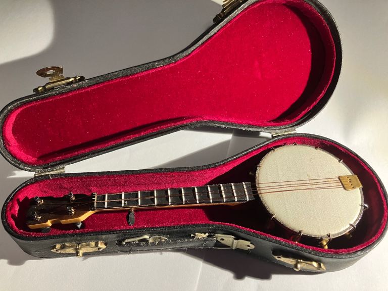 Scale Model Handmade Wooden Banjo In Scale Case For Display