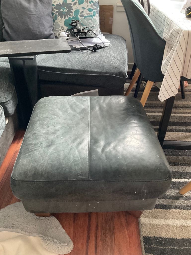 Large Grey Leather Footstool/Pouf – Fair Condition