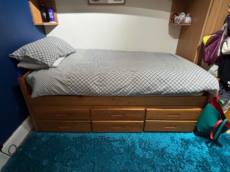 Solid wood single cabin bed with pull out bed and 3 storage drawers 