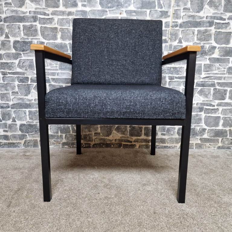 Upholstered Chair with Metal Frame & Wooden Armrests