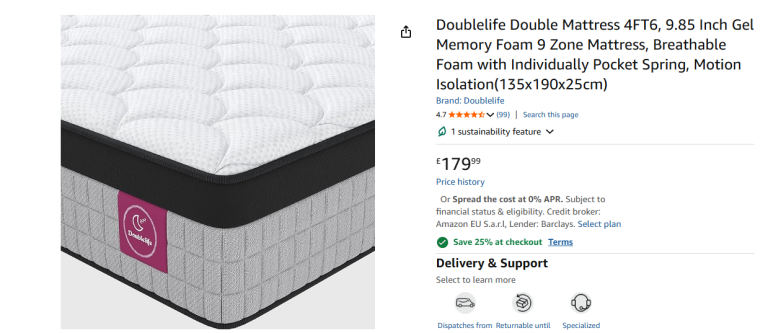  Double Mattress 4FT6, 9.85 Inch Gel Memory Foam 9 Zone Mattress