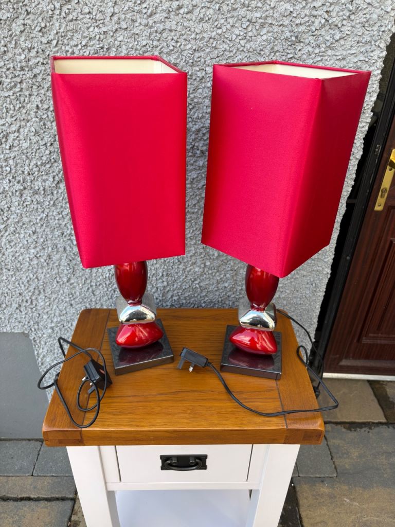 Pair of Red Metal Table Lamps with Rectangular Shades
