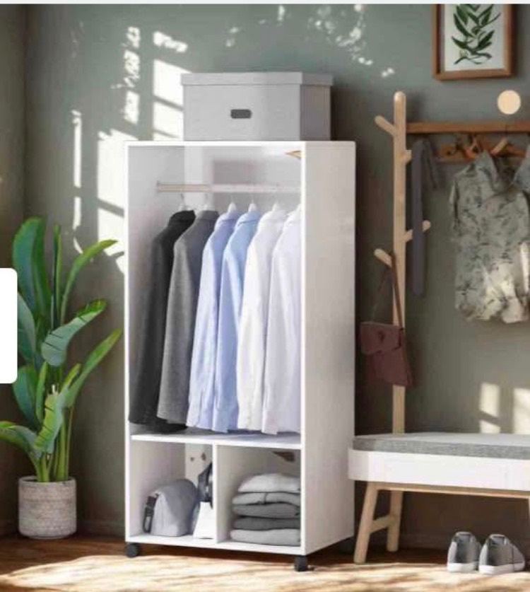 Open wardrobe with shelves on wheels owned for a couple of months White Matt