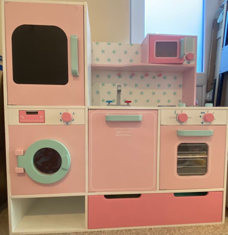 Pink Wooden Play Kitchen with Washing Machine and Oven