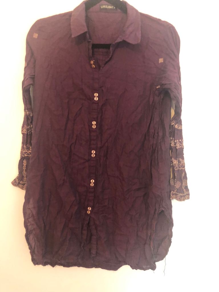 Lovely Purple Women's Shirt with Patterned Sleeves – Good Condition