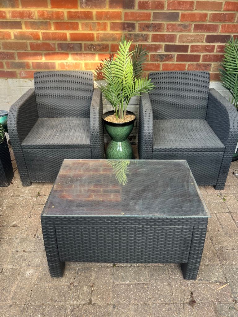 3 Piece Grey Rattan Effect Garden Patio or Balcony Seat Chair and Coffee Table Set with Glass Top
