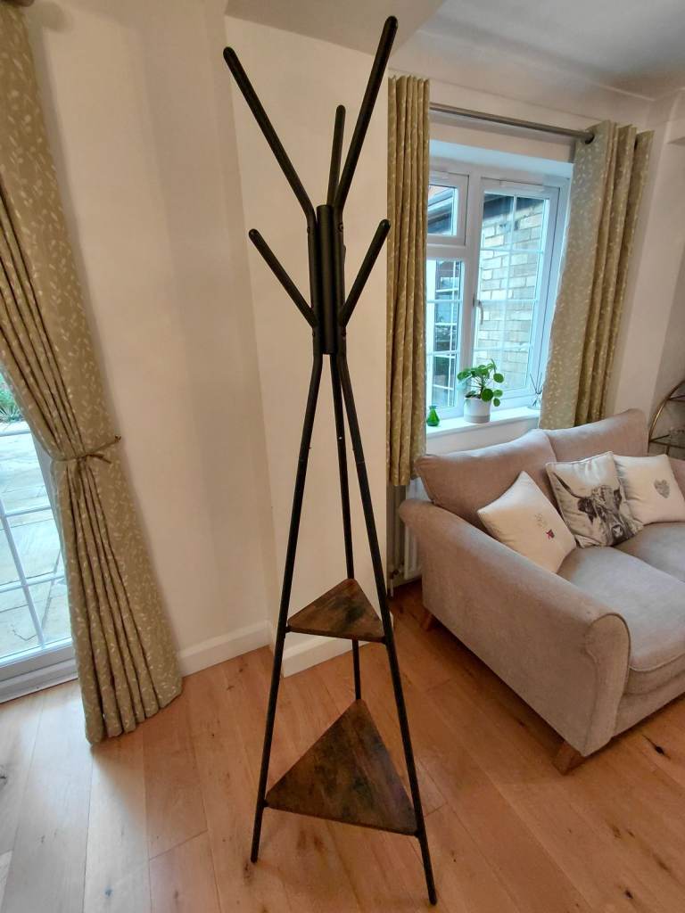 Modern Black Metal Coat Rack with Wooden Shelves 