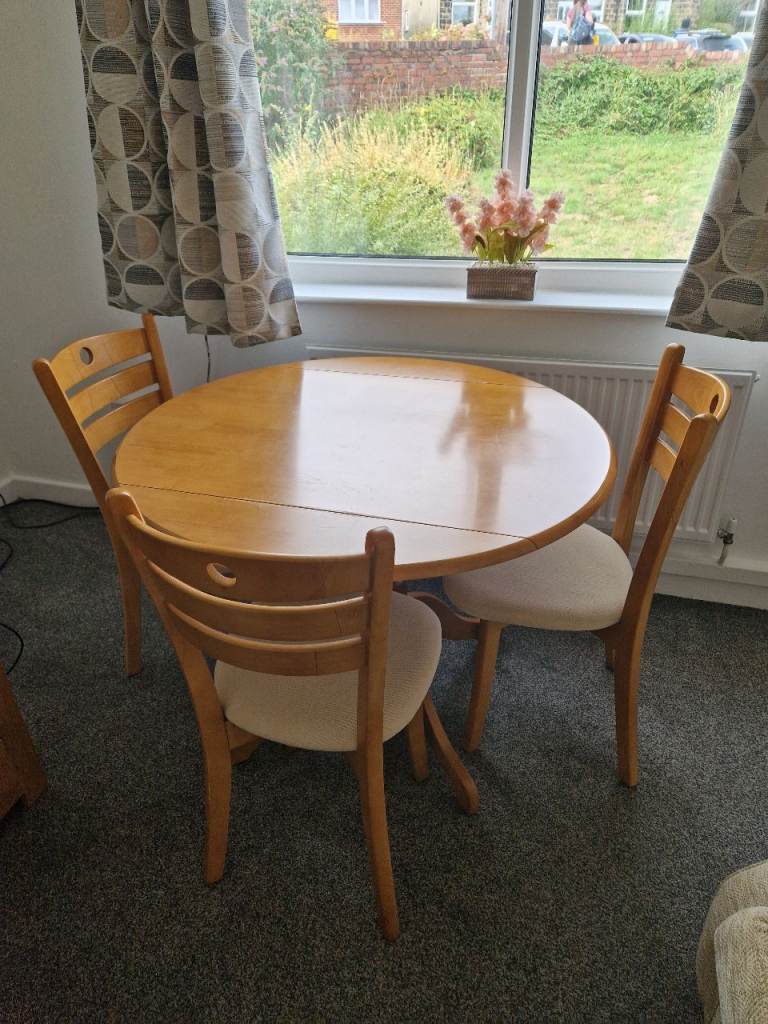 Wooden Drop Leaf Dining Table with 3 Chairs – Good Condition