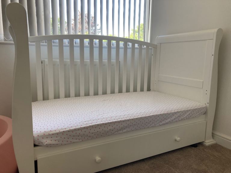 White Sleigh Style Cot Bed with Under-Bed Drawer – Great Condition